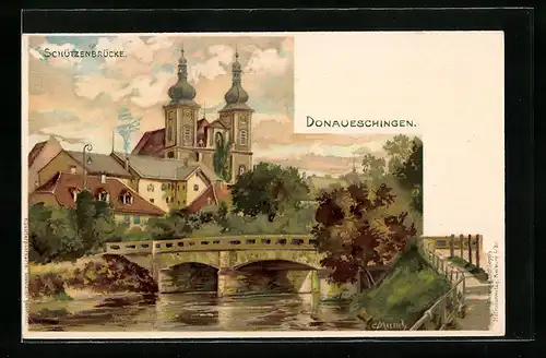 Künstler-AK Carl Münch: Donaueschingen, Schützenbrücke mit Ort im Hintergrund