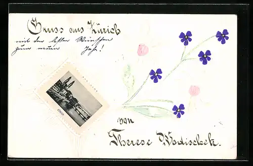 Papierkunst-AK Zürich, Mini-Ortsansicht, Blumen, Papierkunst