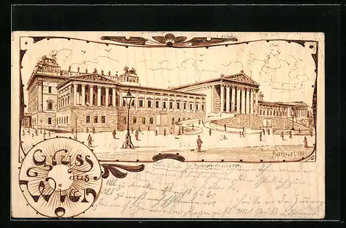 Holzbrand-Imitations-Lithographie Wien, Parlamentsgebäude mit Passanten