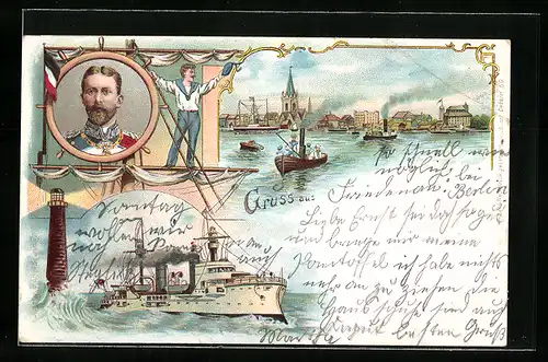 Lithographie Passagierschiff, Matrose auf einem Mast, Ortspanorama mit Dampfbooten, Heinrich von Preussen, Leuchtturm