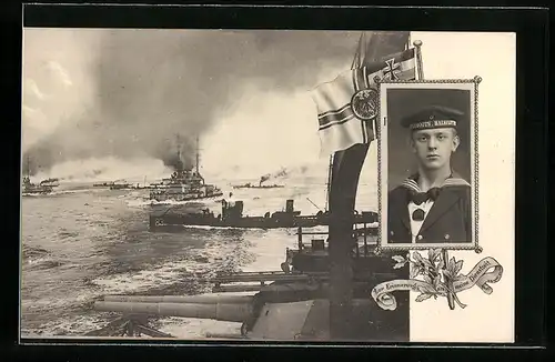 Foto-Collage-AK Matrose mit Mützenband Torpedoboot-Halbflottille, Kriegsschiffe auf dem Wasser, Flagge