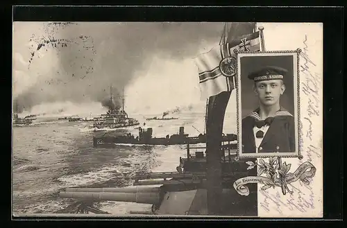 Foto-Collage-AK Matrose mit Mützenband Torpedoboot-Halbflottille, Kriegsschiffe auf dem Wasser, Marine-Flagge