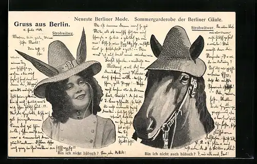 AK Berlin, Pferd mit Hut Strohwitwer, Frau mit Hut Strohwitwe, Berliner Mode 1901, vermenschlichte Tiere
