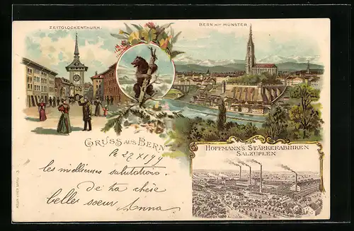 Lithographie Bern, Zeitglockenturm, Bär, Münster, Reklame Hoffmann`s Stärke-Fabrik