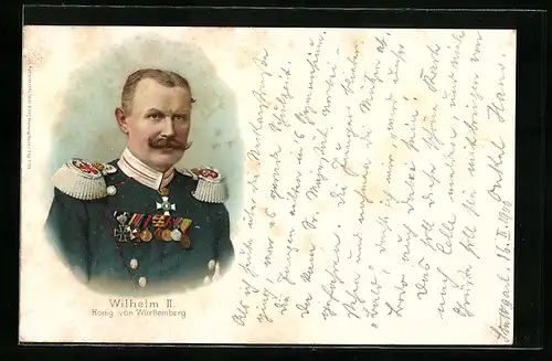 Lithographie Wilhelm II., König von Württemberg, Portrait in Uniform mit Orden