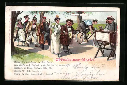 Lithographie Gesellschaft auf dem Weg nach Seckbach, Leierkasten, Mann mit Fahrrad