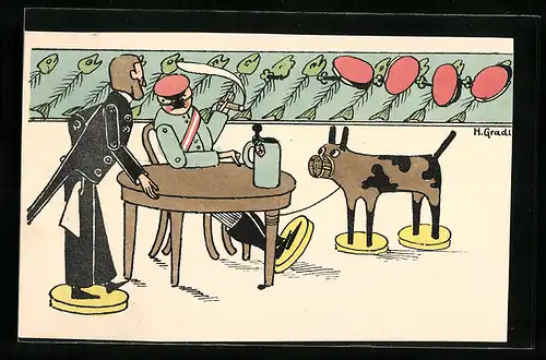 Künstler-AK sign. A. Gradl: Spielzeugsoldat am Tisch mit Bierhumpen, Kellnerfigur, Spielzeughund mit Maulkorb