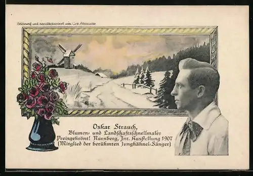 AK Oskar Strauch, Blumen- und Landschaftsmaler, Winterliche Landschaft mit Windmühle