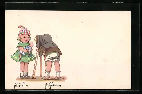 AK Kinder mit Fotoapparat und Puppe