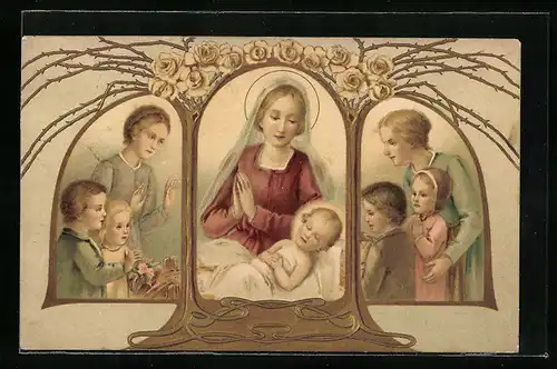 AK Maria mit Jesusknaben umringt von Leuten unterm Rosenbogen, Jugendstil
