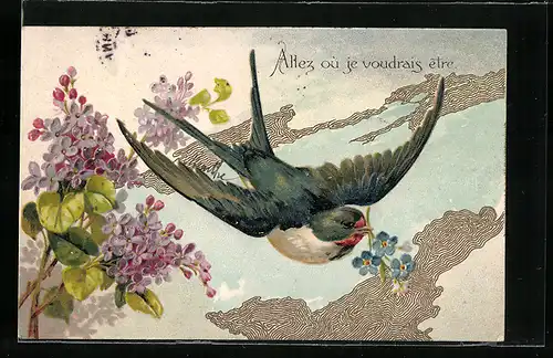 AK Vogel mit Vergissmeinnicht im Schnabel, Jugendstil