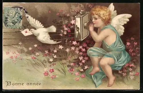 AK Souvenir, Kleiner Engel am Telefon und Brieftaube mit Kuvert