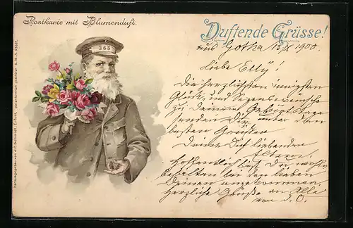 Duft-AK Älterer Page mit einem Blumenstrauss