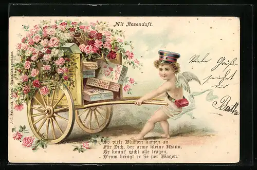 Duft-AK Engel mit Paketen auf einem Karren