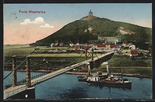 AK Porta-Westfalica, Flusspartie mit Kettenbrücke