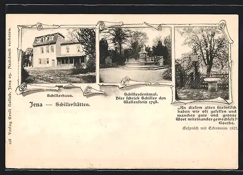 AK Jena, Schillerhaus, Schillerdenkmal, Partie mit Steintisch