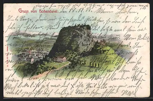 Lithographie Hohentwiel, Generalansicht mit der Burgruine auf dem Felsen