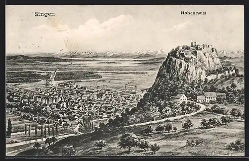 AK Singen, Gesamtansicht mit Hohentwiel aus der Vogelschau