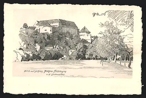 Künstler-AK Tübingen, Schloss Hohen-Tübingen von der Lindenallee