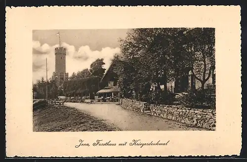 AK Jena, Gasthof Forsthaus mit Kriegerdenkmal