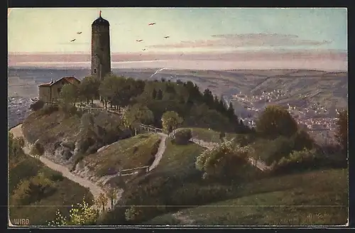 AK Jena, Fuchsturm aus der Vogelschau mit Umgebung und Stadtblick