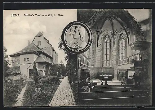 AK Jena, Schillers Traukirche mit Innenansicht, Brautpaar
