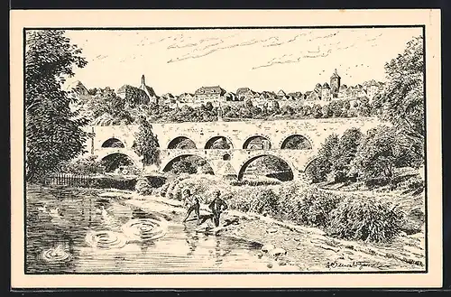 Künstler-AK Rothenburg o. T., Doppelbrücke von 1330