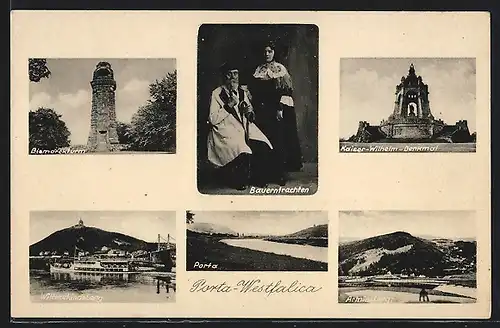 AK Porta-Westfalica, Kaiser-Wilhelm-Denkmal, Bismarckturm, Bauerntrachten