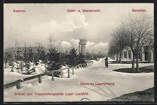 AK Lager Lechfeld, Westliche Lagerstrasse des Truppenübungsplatzes im Winter