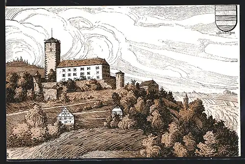 Künstler-AK Neckarmühlbach, Burg Gutenberg, Wappen von Gemmingen