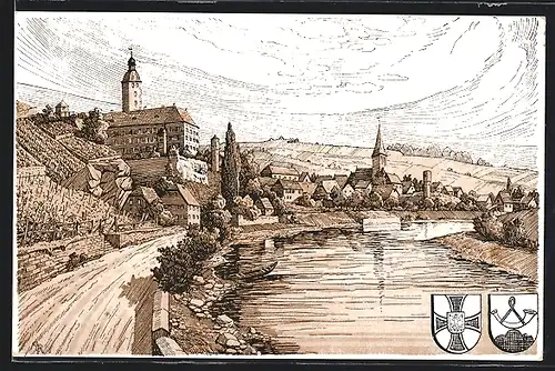 Künstler-AK Gundelsheim a. N., Schloss Horneck, Gesamtansicht