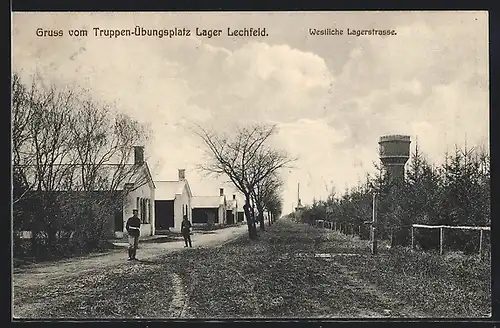AK Lager Lechfeld, Westliche Lagerstrasse, Soldaten, Turm
