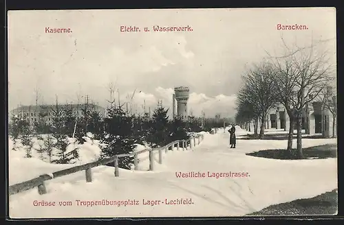 AK Lager Lechfeld, Westliche Lagerstrasse des Truppenübungsplatzes im Winter