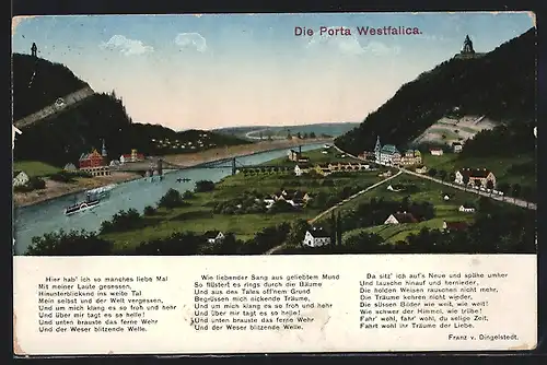 AK Porta Westfalica, Gesamtansicht mit Kaiser-Wilhelm-Denkmal, Weserbrücke und Weserlied