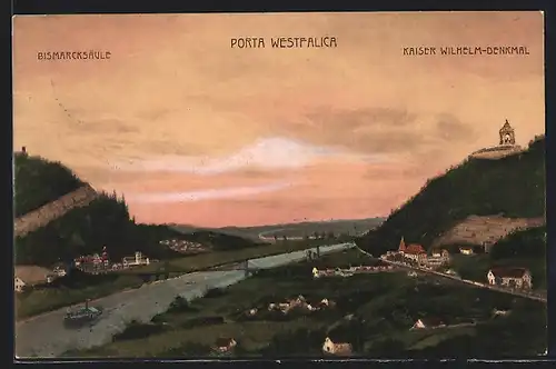 AK Porta Westfalica, Panorama mit Bismarcksäule und Kaiser-Wilhelm-Denkmal