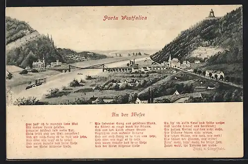 AK Porta Westfalica, Ortspartie mit Fluss und Denkmal