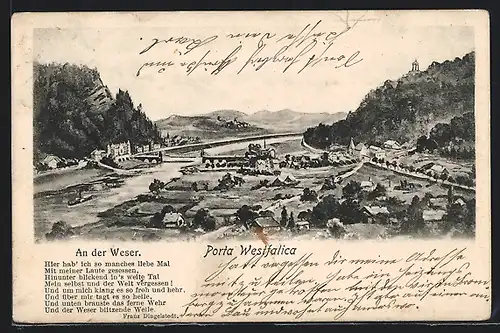 AK Porta Westfalica, Panorama mit Denkmal, An der Weser, Franz von Dingelstedt