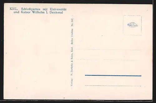 AK Kiel, Schlossgarten mit Universität u. Kaiser Wilhelm I. Denkmal
