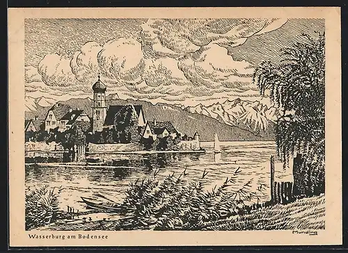 Künstler-AK Wasserburg am Bodensee, Uferpartie mit Kirche