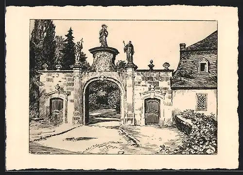 Künstler-AK Eberbach /Rheingau, Kloster Eberbach, Eingangstor und Pfortenhaus