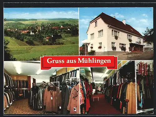 AK Mühlingen, Ortstotale im Tal, am Bekleidungshaus Müller, Kleiderfachgeschäft