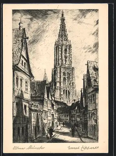 Künstler-AK Ulm, Strassenpartie mit Blick zum Münster