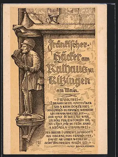Künstler-AK Kitzingen am Main, Fränkischer Häcker am Rathaus