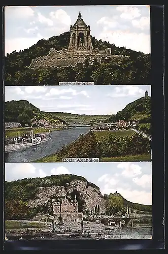 AK Porta Westfalica, Kaiser-Wilhelm-Denkmal, Jacobsberg mit Hotel Gr. Kurfürst