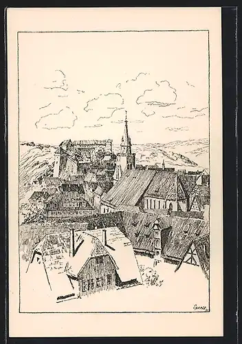 Künstler-AK Tübingen, Teilansicht mit Kirche vom Oesterberg