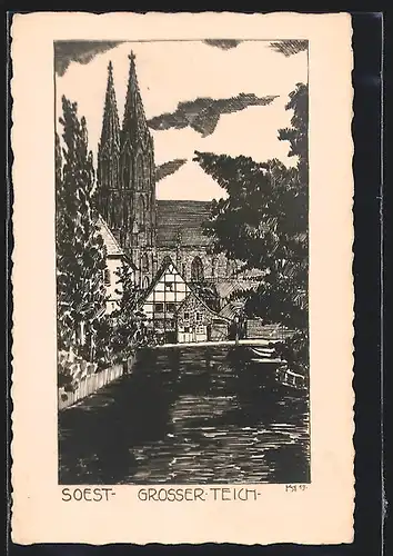 Künstler-AK Soest, Grosser Teich mit Kirche