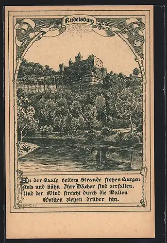 Künstler-AK Rudelsburg von der Saale betrachtet