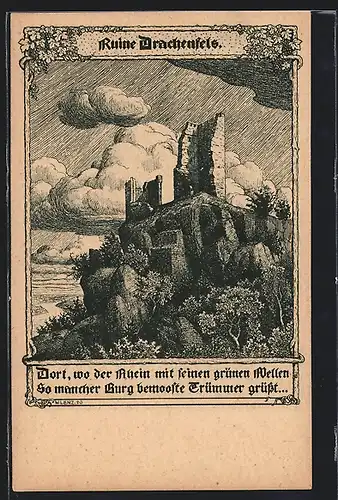 Künstler-AK Königswinter, Blick zur Ruine Drachenfels