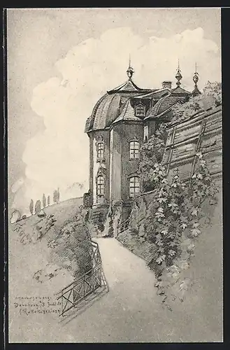 Künstler-AK Dornburg, Wegpartie am Rokokoschloss