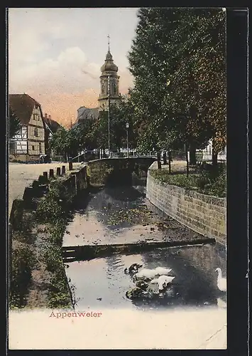 AK Appenweier, Partie am Fluss mit Blick zur Kirche